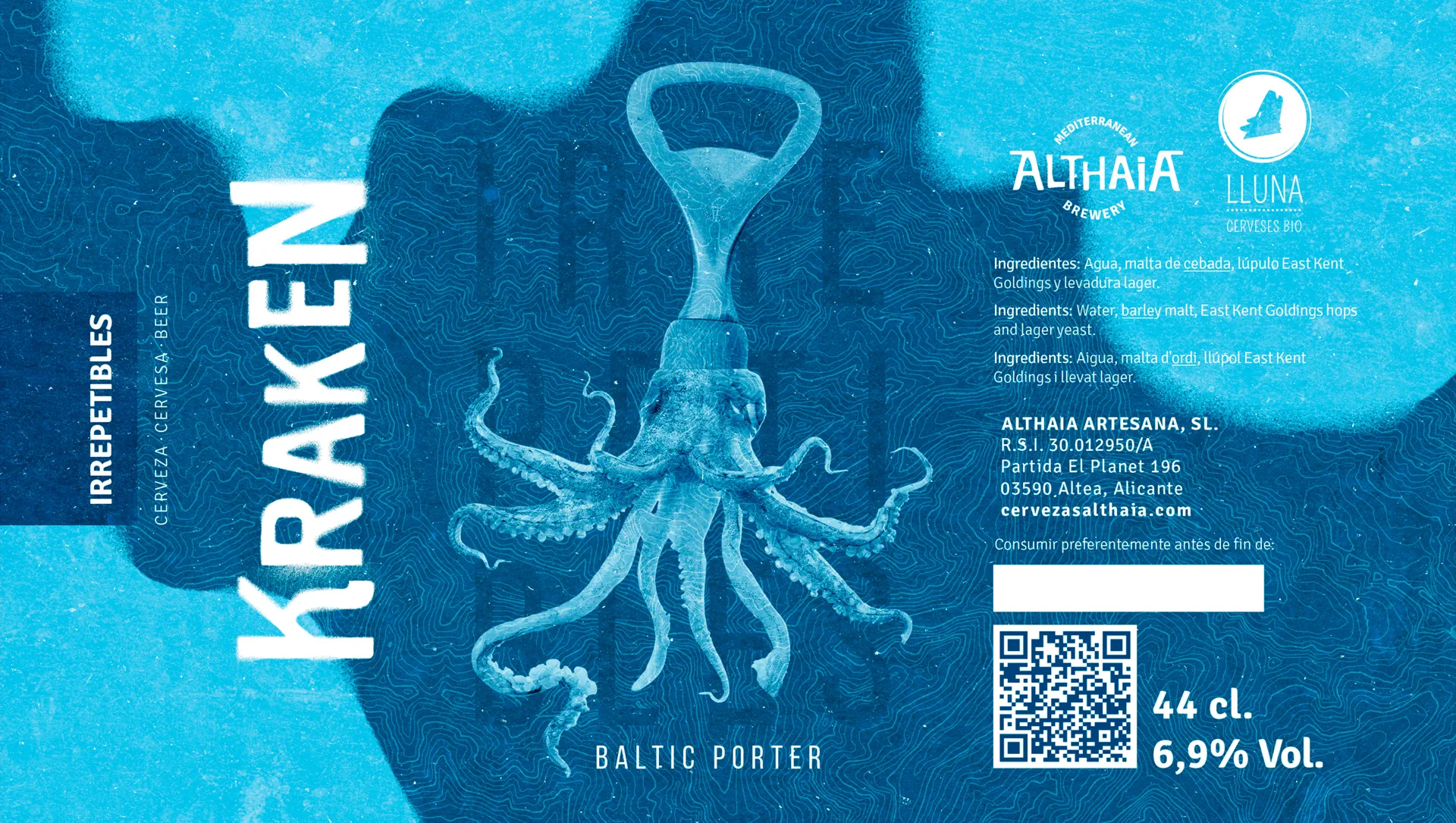 Disseny d'etiqueta de cervesa artesana Kraken per a Cerveses Althaia